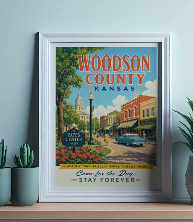 Vintage travel poster for Woodson County, Kansas, featuring Yates Center.