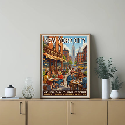 New York City Campus Cafe and Bookstore poster with people dining.