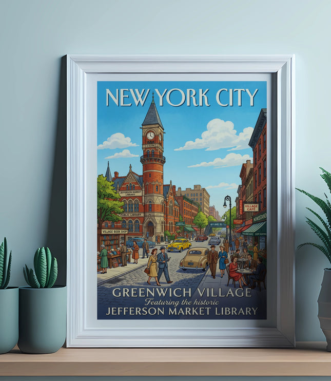 New York City poster featuring Greenwich Village and Jefferson Market Library.