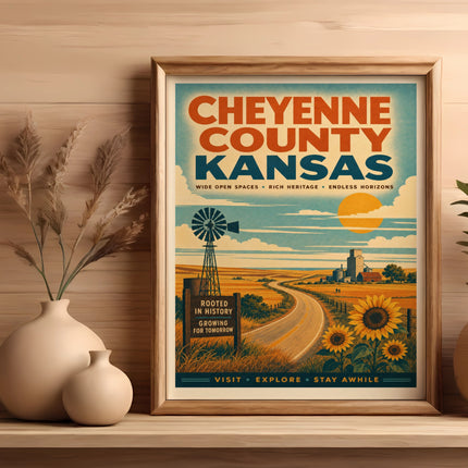 Cheyenne County Kansas vintage travel poster with windmill, sunflowers, and road.