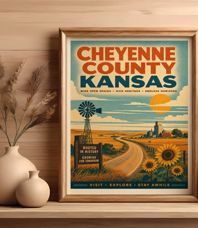 Cheyenne County Kansas vintage travel poster with windmill, sunflowers, and road.