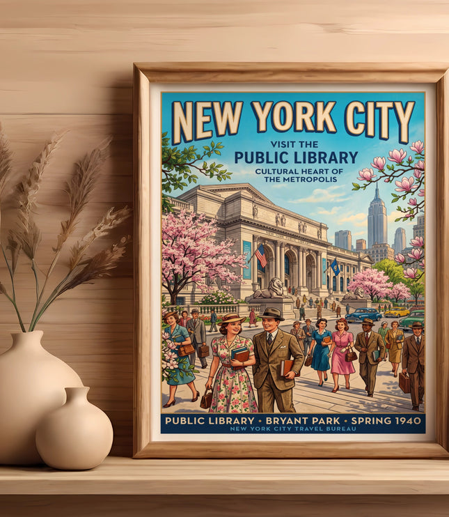 Vintage New York City Public Library spring 1940 travel poster.