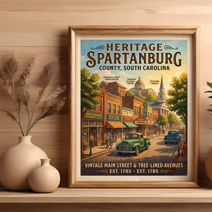 Heritage Spartanburg poster: vintage main street, train station, and courthouse.
