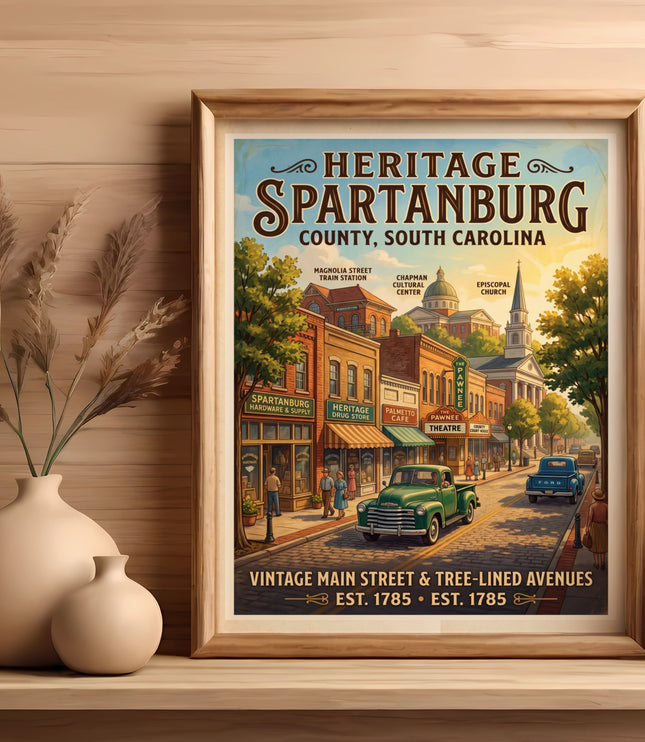 Heritage Spartanburg poster: vintage main street, train station, and courthouse.