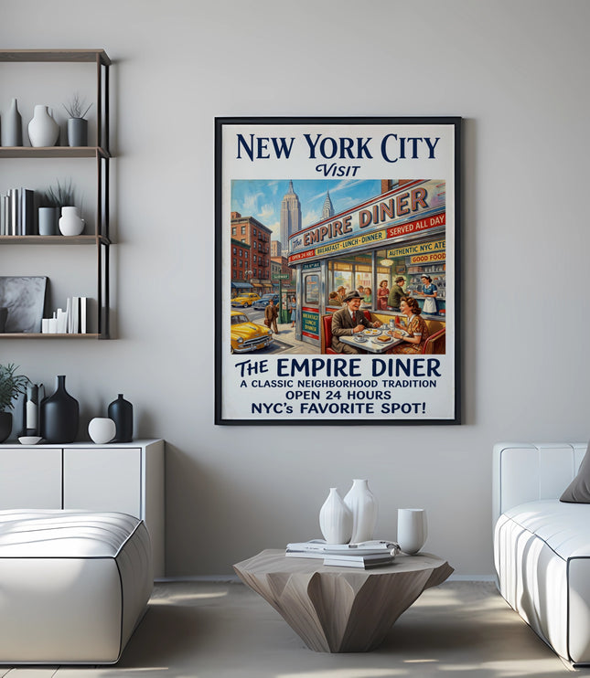 New York City "Empire Diner" retro travel poster with city scene and people.