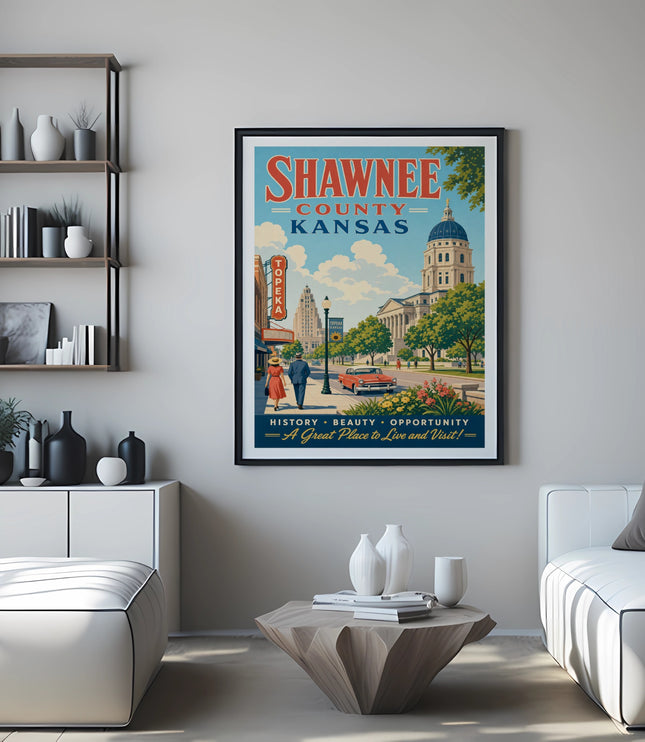 Shawnee County, Kansas poster with cityscape and text: "A Great Place to Live and Visit!".