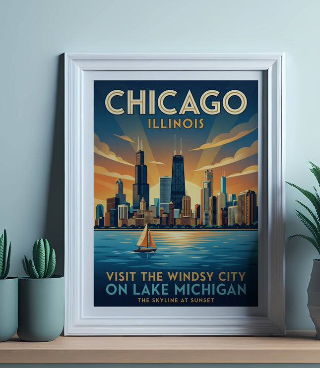 Framed Chicago Illinois skyline poster with sailboat on Lake Michigan at sunset