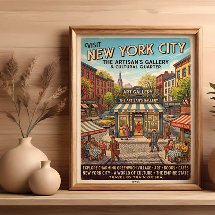 Vintage New York City travel poster featuring Greenwich Village and the Artisan's Gallery.