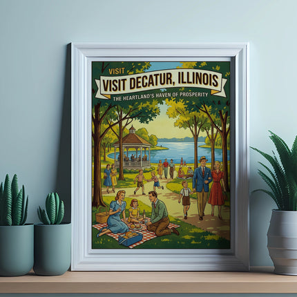 Visit Decatur, Illinois poster with people picnicking and enjoying a park.