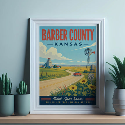 Barber County, Kansas illustration with text "Wide Open Spaces" and "Rich in Heritage".
