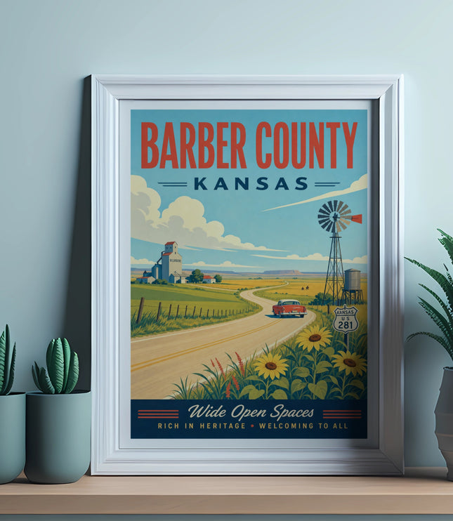 Barber County, Kansas illustration with text "Wide Open Spaces" and "Rich in Heritage".