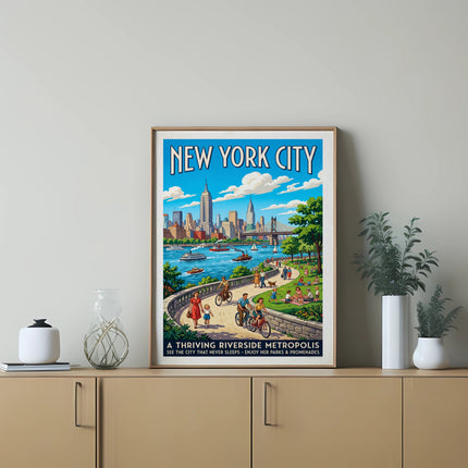 New York City skyline with people enjoying parks, reading "A Thriving Riverside Metropolis".