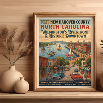Vintage poster of Wilmington, North Carolina riverfront and historic downtown.
