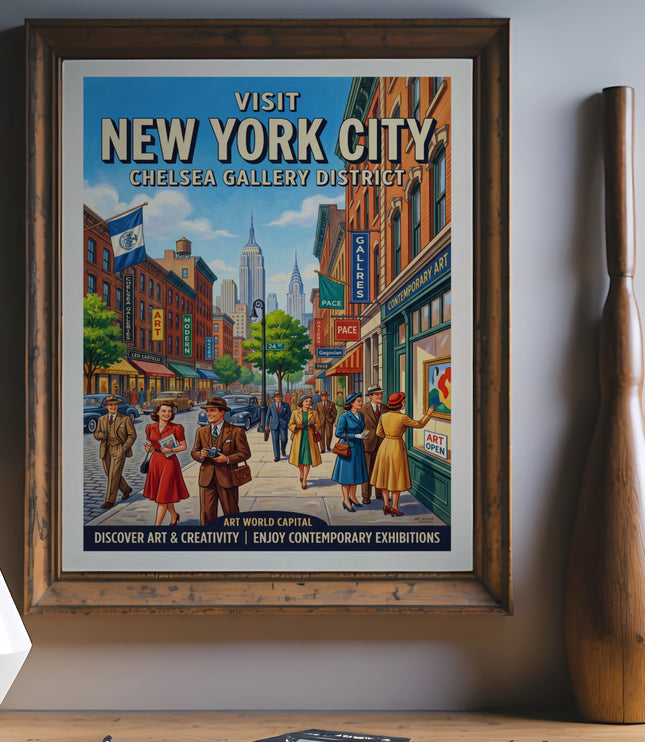 Vintage "Visit New York City Chelsea Gallery District" travel poster with street scene.
