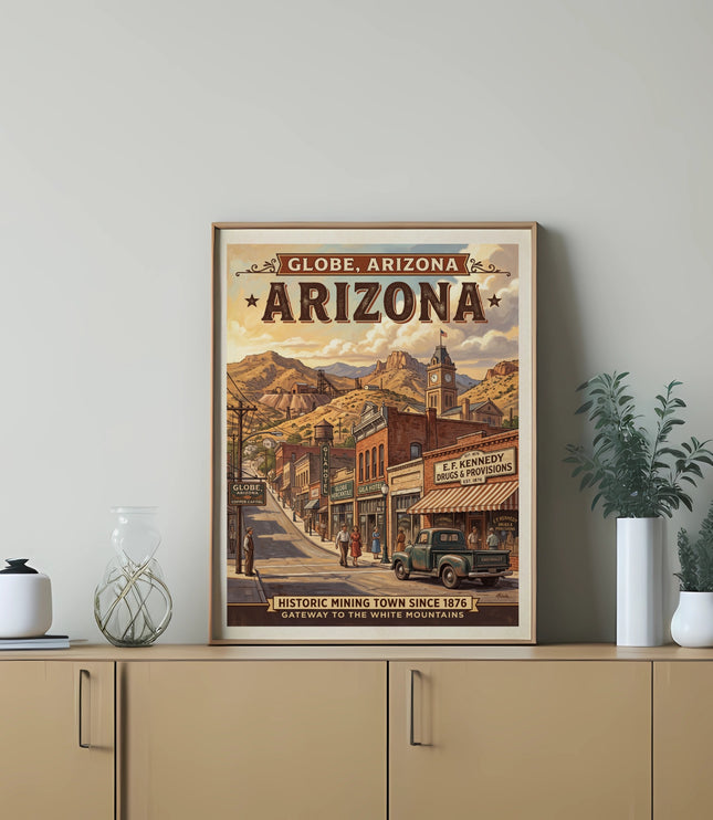 Globe, Arizona vintage travel poster of historic mining town and mountains.
