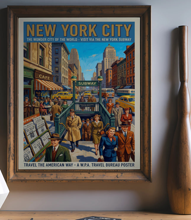 New York City travel poster depicting subway entrance and street scene.