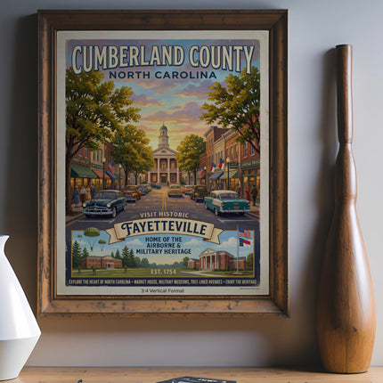 Cumberland County, North Carolina vintage travel poster featuring Fayetteville.