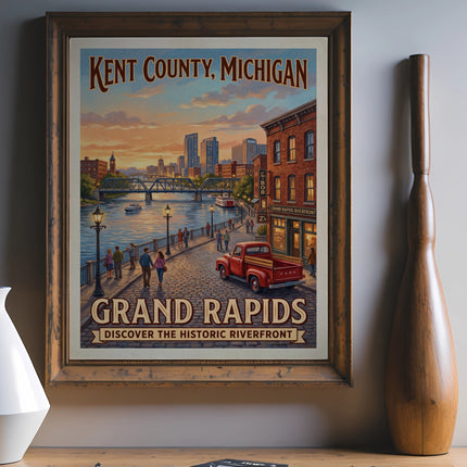 Vintage travel poster of Grand Rapids, Michigan historic riverfront with a red truck.