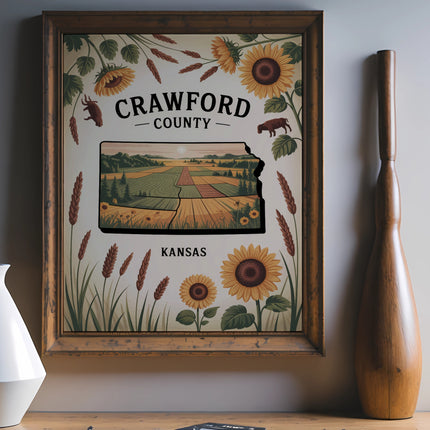 Framed print featuring Crawford County, Kansas map with sunflowers and farm fields.