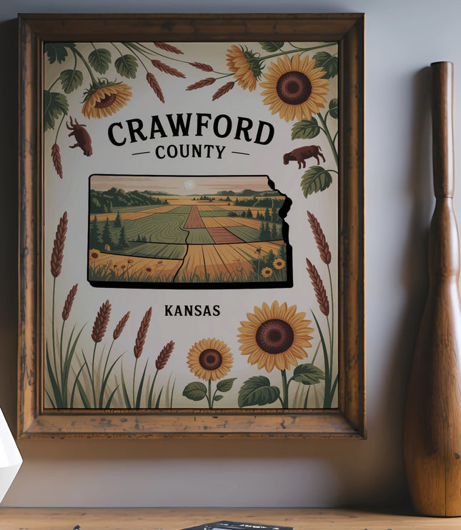 Framed print featuring Crawford County, Kansas map with sunflowers and farm fields.