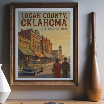 Poster depicting Logan County, Oklahoma, Historic Guthrie with vintage buildings, car, and people.
