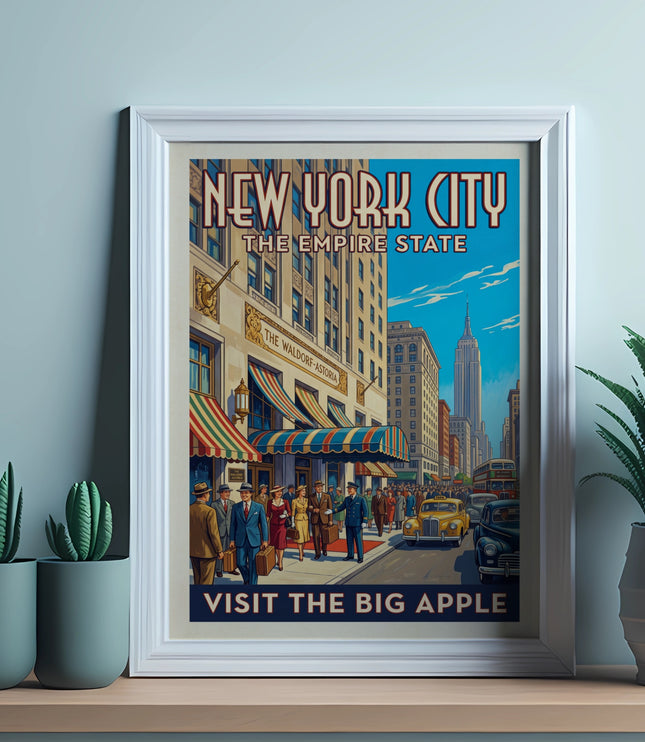 Vintage New York City poster of a busy street scene with the Waldorf-Astoria and Empire State building.