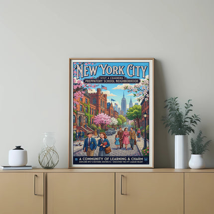 New York City poster showing a charming preppy school neighborhood street.