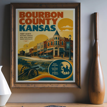 Bourbon County Kansas poster with Fort Scott historic streets and warm hospitality.