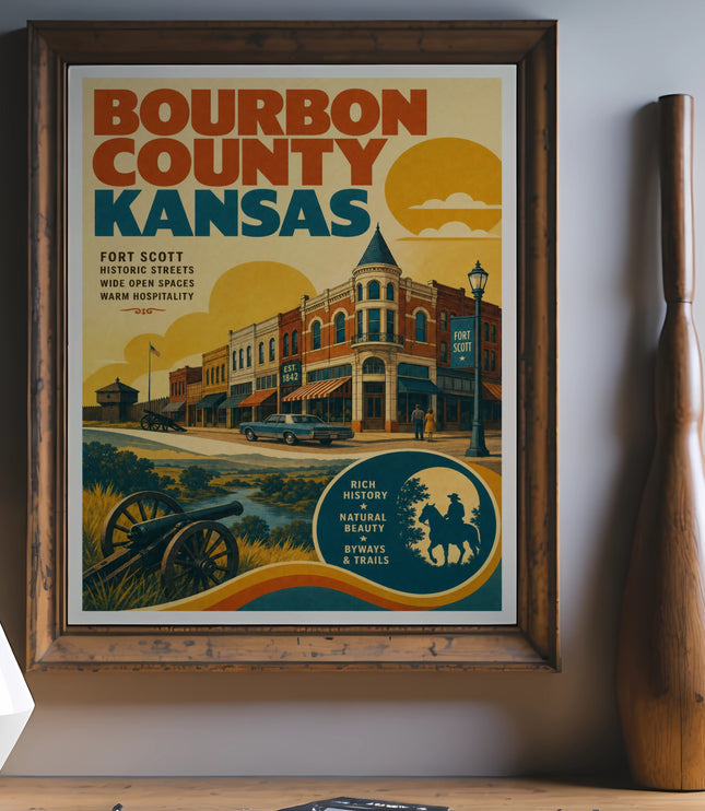 Bourbon County Kansas poster with Fort Scott historic streets and warm hospitality.