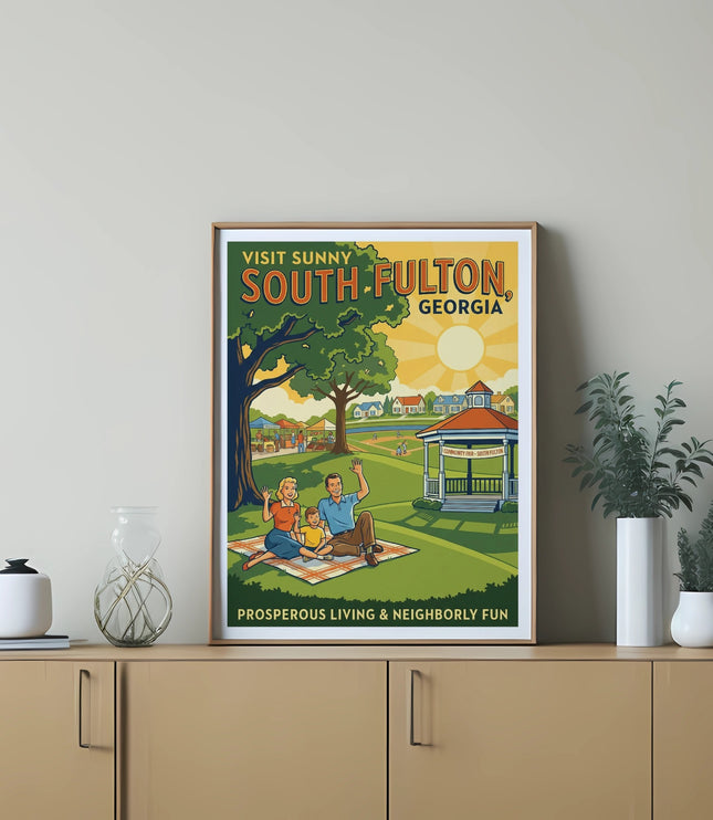 Vintage poster: Visit Sunny South Fulton, Georgia, family picnic, community fair.