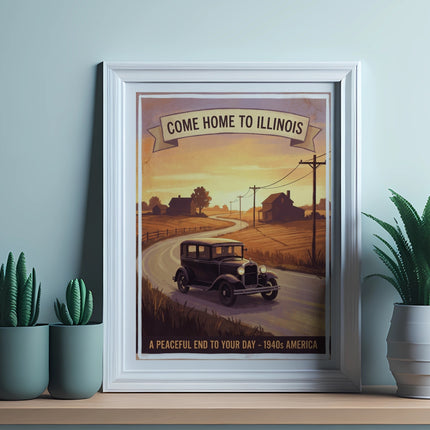 Vintage Illinois travel poster with a 1930s car and "Come Home to Illinois" text.