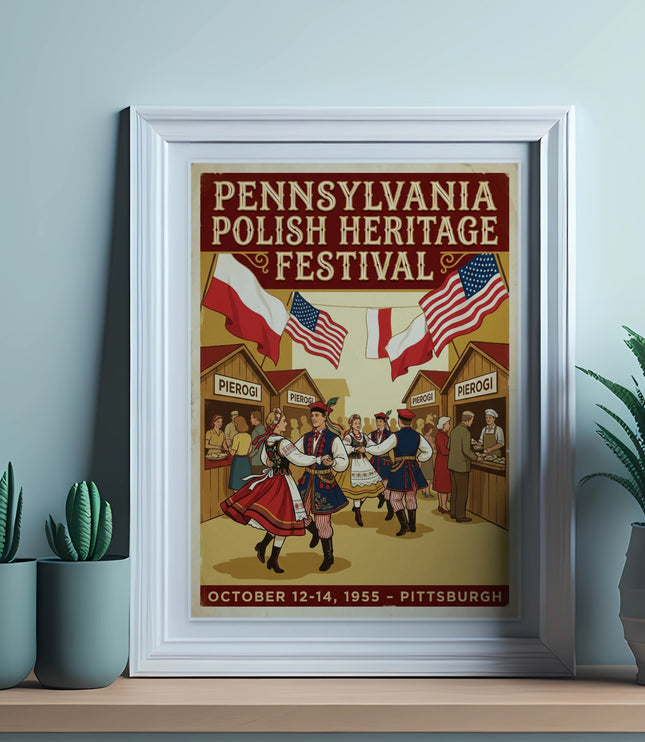 Pennsylvania Polish Heritage Festival poster with performers and Polish flags.