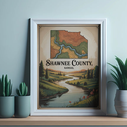 Framed map of Shawnee County, Kansas, showing a river and hills.