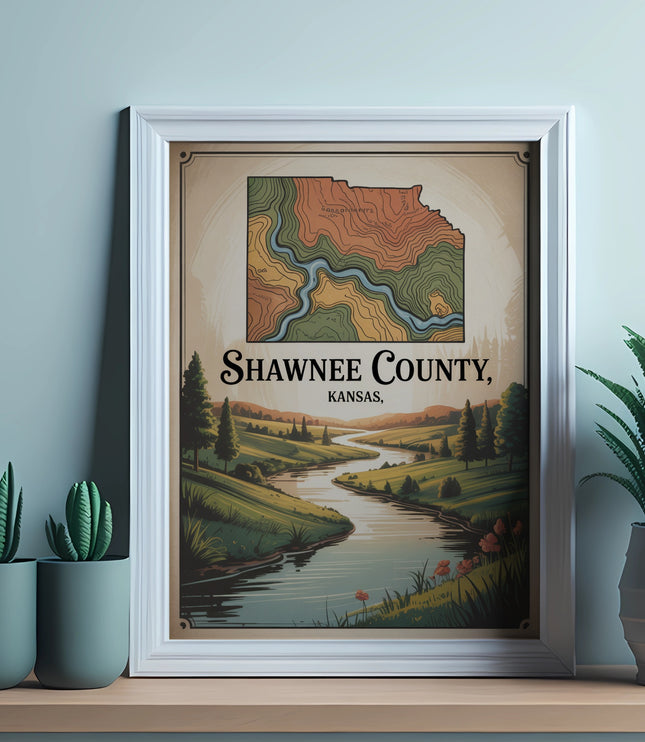 Framed map of Shawnee County, Kansas, showing a river and hills.