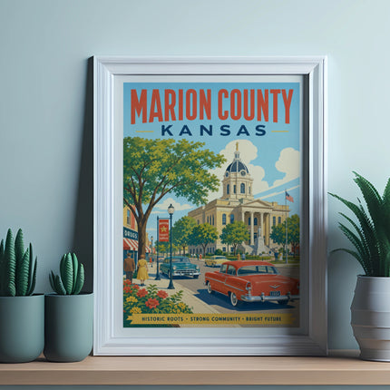 Marion County Kansas vintage travel poster featuring courthouse, cars, and trees.