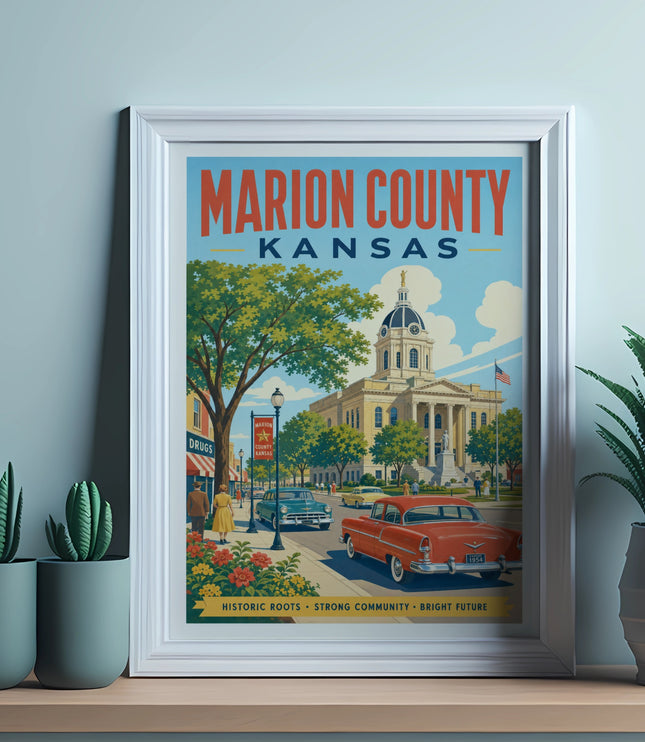 Marion County Kansas vintage travel poster featuring courthouse, cars, and trees.