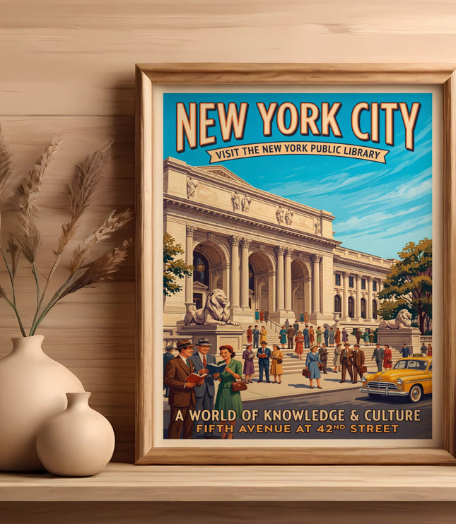 Vintage New York City poster of the Public Library with people and a taxi.