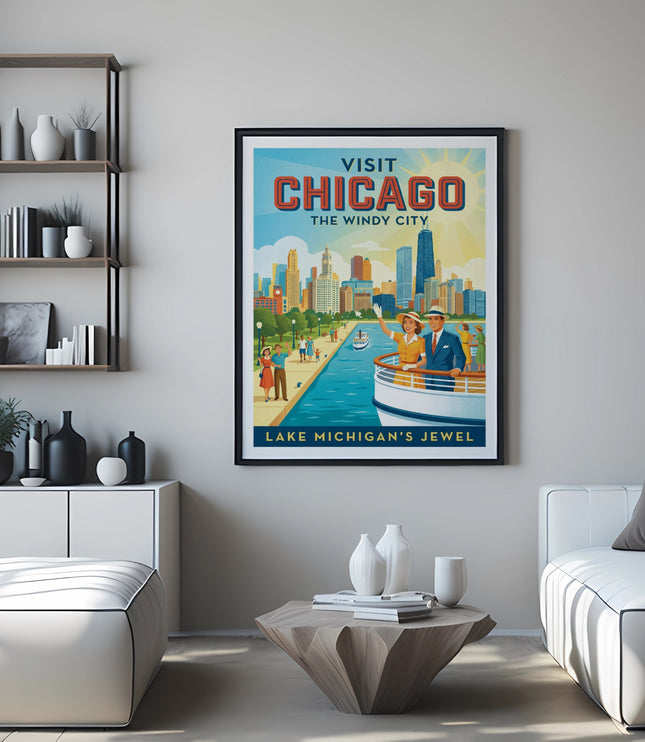 Vintage "Visit Chicago The Windy City Lake Michigan's Jewel" poster on a wall.