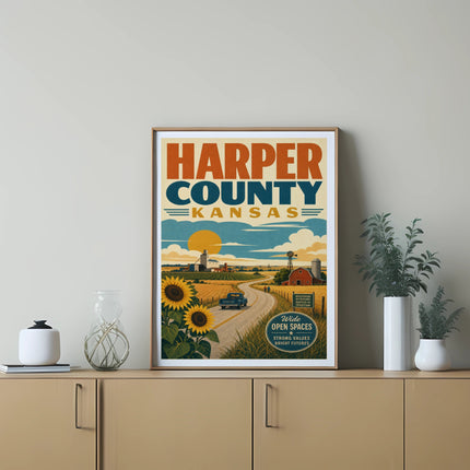Harper County Kansas poster with farm scene and text.