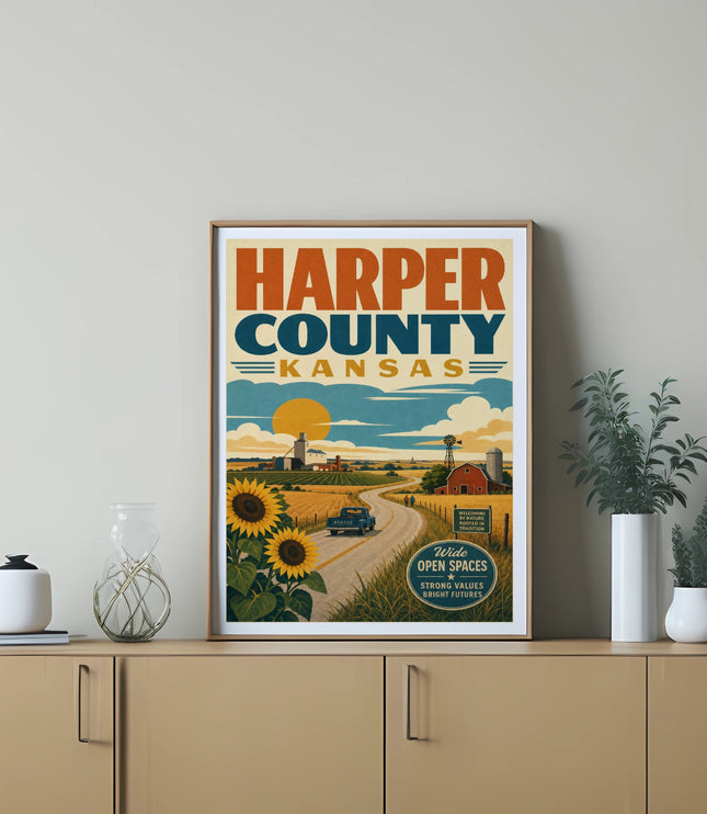 Harper County Kansas poster with farm scene and text.