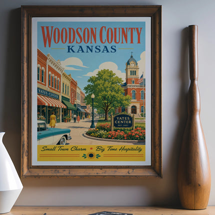 Woodson County Kansas poster showing Yates Center, EST. 1857.