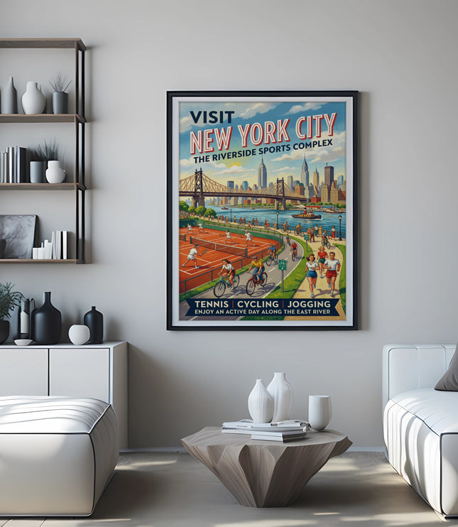 Vintage New York City poster showing activities along the East River.