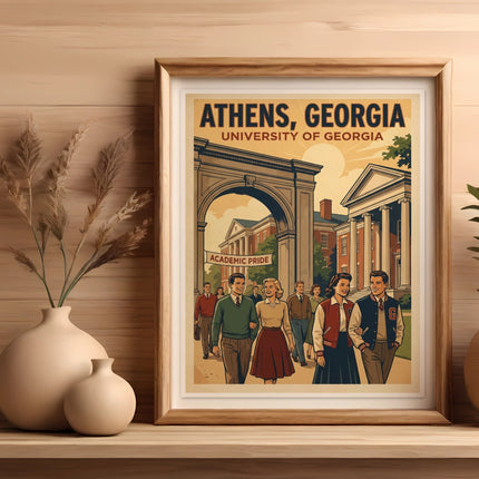 Vintage poster of Athens, Georgia with University of Georgia students.