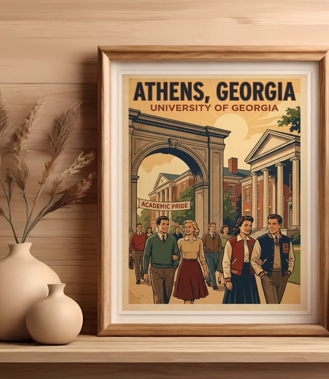 Vintage poster of Athens, Georgia with University of Georgia students.