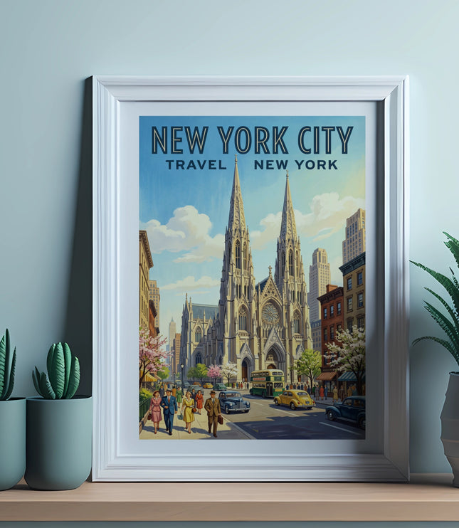 New York City travel poster featuring a vintage street scene with a cathedral.