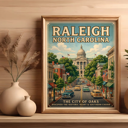 Vintage Raleigh North Carolina poster showing Capitol Building and vintage cars.