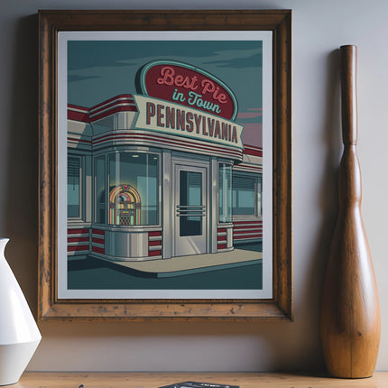 Retro diner with "Best Pie in Town Pennsylvania" sign.