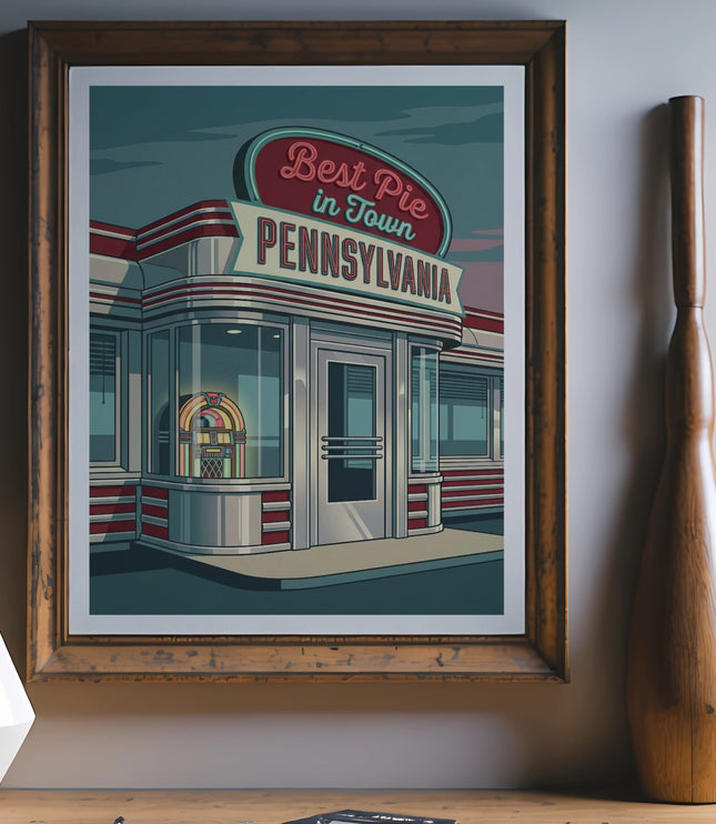 Retro diner with "Best Pie in Town Pennsylvania" sign.