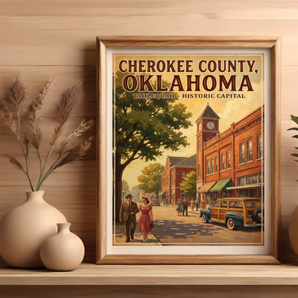 Cherokee County, Oklahoma art with Tahlequah Historic Capital text.