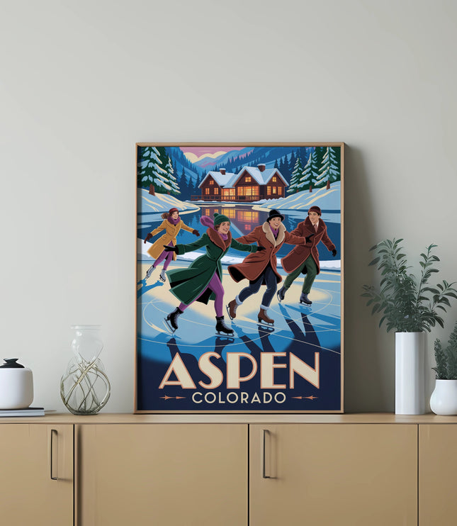 Winter scene poster with skaters in front of Aspen, Colorado buildings.